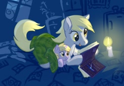 Size: 600x419 | Tagged: dead source, safe, artist:tomatocoup, imported from derpibooru, derpy hooves, dinky hooves, pegasus, pony, unicorn, book, candle, equestria's best mother, female, filly, mare, night, prone, reading, sweet dreams fuel, wholesome