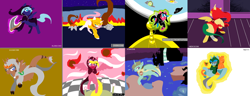Size: 2824x1090 | Tagged: safe, artist:cotton, imported from derpibooru, dazzleglow, princess cadance, princess celestia, princess luna, oc, alicorn, pony, my little pony tales, 1000 hours in ms paint, bipedal, female, god tiers, homestuck, mare, ms paint, princess
