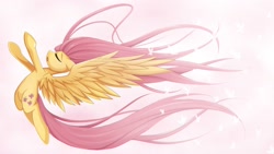 Size: 1500x844 | Tagged: safe, artist:jinzhan, imported from derpibooru, fluttershy, butterfly, pegasus, pony, eyes closed, female, flying, large wings, long mane, long tail, mare, pretty, simple background, solo, spread wings, windswept mane, wings