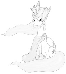 Size: 900x1009 | Tagged: safe, artist:madhotaru, imported from derpibooru, alicorn, pony, cloak, clothes, female, grayscale, mare, monochrome, ponified, simple background, sitting, snow queen, solo, white background