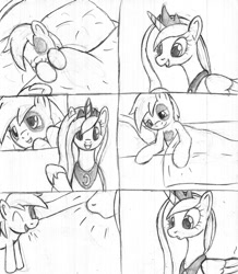 Size: 696x800 | Tagged: safe, artist:tg-0, imported from derpibooru, pipsqueak, princess luna, alicorn, earth pony, pony, bed, colt, comic, female, lunapip, male, mare, monochrome, no dialogue, shipping, straight