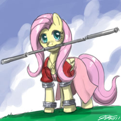 Size: 900x900 | Tagged: safe, artist:johnjoseco, imported from derpibooru, fluttershy, pegasus, pony, aerith gainsborough, clothes, crossover, female, final fantasy, final fantasy vii, mare, mouth hold, solo, staff, the implications are horrible