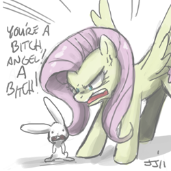 Size: 650x650 | Tagged: safe, artist:johnjoseco, imported from derpibooru, angel bunny, fluttershy, pegasus, pony, abuse, angelbuse, angry, animal abuse, duo, female, flutterbitch, mare, rapeface, role reversal, vulgar