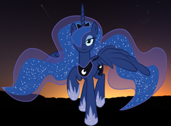 Size: 4961x3654 | Tagged: safe, artist:sergrus, imported from derpibooru, princess luna, alicorn, pony, female, hair over one eye, mare, solo, spread wings, walking, wings