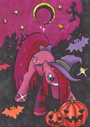 Size: 617x867 | Tagged: dead source, safe, artist:setokaibablue-eyes, imported from derpibooru, pinkie pie, earth pony, pony, female, food, grin, halloween, jack-o-lantern, mare, pinkamena diane pie, pumpkin, smiling, solo