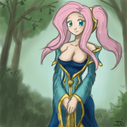 Size: 700x700 | Tagged: safe, artist:johnjoseco, imported from derpibooru, fluttershy, human, breasts, busty fluttershy, crossover, female, humanized, league of legends, solo, sona