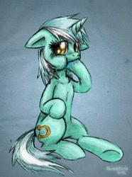 Size: 978x1318 | Tagged: safe, artist:eeveetachi, imported from derpibooru, lyra heartstrings, pony, unicorn, biting, female, floppy ears, hoof biting, mare, sitting, solo