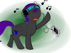 Size: 1804x1345 | Tagged: safe, artist:nyxsparkle, imported from derpibooru, oc, oc only, oc:nyx, alicorn, pony, abstract background, alicorn oc, eyes closed, fangs, female, headphones, mare, music, solo