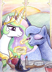 Size: 726x1000 | Tagged: safe, artist:muffinshire, imported from derpibooru, princess celestia, princess luna, alicorn, pony, bust, duo, eyes closed, female, horn, jewelry, makeup, mare, portrait, regalia, tiara, traditional art