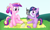 Size: 1347x795 | Tagged: safe, artist:041744, imported from derpibooru, princess cadance, smarty pants, twilight sparkle, alicorn, pony, unicorn, duo, filly, foal, picnic blanket, sitting, teen princess cadance, unicorn twilight