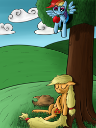 Size: 3000x4000 | Tagged: safe, artist:raedrob, deleted from derpibooru, imported from derpibooru, applejack, rainbow dash, apple, duo, incoming prank, mouth hold, prank, sleeping, tree