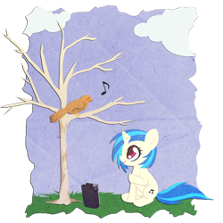 Size: 750x750 | Tagged: safe, artist:rizcifra, imported from derpibooru, dj pon-3, vinyl scratch, bird, pony, unicorn, bare tree, cloud, cloudy, female, filly, music notes, simple background, sitting, solo, transparent background, tree