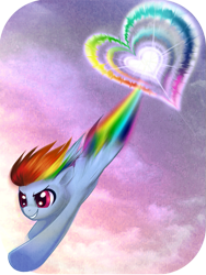 Size: 525x700 | Tagged: safe, artist:rizcifra, imported from derpibooru, rainbow dash, pegasus, pony, action pose, female, flying, heart, mare, solo, sonic rainboom