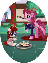 Size: 800x1050 | Tagged: safe, artist:rizcifra, imported from derpibooru, pinkie pie, twist, earth pony, pony, antlers, cake, candy, candy cane, christmas, clothes, cupcake, duo, fake antlers, female, filly, food, glasses, mare, mouth hold, red nose, sugar cane