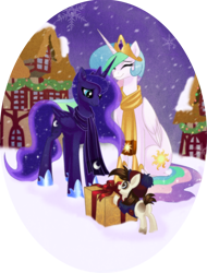 Size: 800x1050 | Tagged: safe, artist:rizcifra, imported from derpibooru, pipsqueak, princess celestia, princess luna, alicorn, earth pony, pony, christmas, clothes, colt, eyes closed, female, hat, hearth's warming eve, lunapip, male, mare, present, scarf, shipping, snow, snowfall, straight, sweet, trio