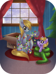 Size: 800x1050 | Tagged: safe, artist:rizcifra, imported from derpibooru, derpy hooves, dinky hooves, pegasus, pony, unicorn, box, christmas, duo, entangled, equestria's best mother, female, filly, hearth's warming, lights, mare, mother and daughter, sitting, tangled up