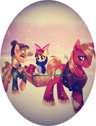 Size: 800x1050 | Tagged: safe, artist:rizcifra, imported from derpibooru, apple bloom, applejack, big macintosh, earth pony, pony, clothes, female, filly, male, mare, pulling, scarf, sled, stallion