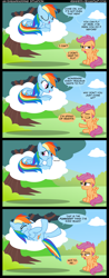 Size: 1250x3193 | Tagged: safe, artist:veggie55, imported from derpibooru, rainbow dash, scootaloo, pegasus, pony, abuse, cloud, comic, eyes closed, female, filly, floppy ears, foal, grin, hooves, lying on a cloud, mare, on a cloud, on back, prone, sad, scootabuse, scootaloo can't fly, sitting, smiling, spread wings, tree, wings