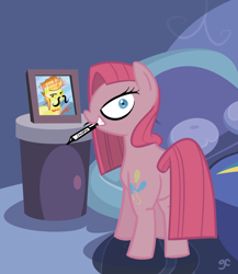 Size: 1000x1150 | Tagged: safe, artist:grilledcat, imported from derpibooru, pinkie pie, spitfire, earth pony, pony, balloonbutt, bed, butt, evil, facial hair, female, looking at you, looking back, mare, moustache, mouth hold, pinkamena diane pie, plot, pure unfiltered evil, sharpie, solo, wide eyes