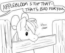 Size: 838x694 | Tagged: safe, artist:cartoonlion, imported from derpibooru, apple bloom, earth pony, pony, cribbing, dot eyes, female, fence, filly, grayscale, horses doing horse things, monochrome, offscreen character, solo, speech bubble, three quarter view