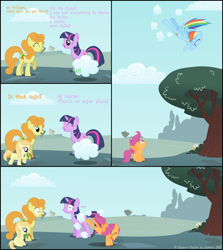 Size: 1600x1794 | Tagged: safe, artist:lumorn, imported from derpibooru, carrot top, golden harvest, noi, scootaloo, spike, twilight sparkle, earth pony, pegasus, pony, unicorn, ..., abuse, carrot, cloud, cloud busting, cloud storage, cloudy, comic, copying, female, filly, food, frown, looking up, mare, mouth hold, nothing of value was lost, open mouth, raised hoof, sitting, smiling, spikeabuse, spread wings, unicorn twilight, wide eyes