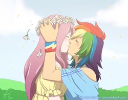 Size: 1015x800 | Tagged: safe, artist:hazurasinner, imported from derpibooru, fluttershy, rainbow dash, human, blushing, cute, duo, female, floral head wreath, flower, flutterdash, humanized, kiss on the lips, kissing, lesbian, shipping