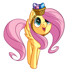 Size: 547x577 | Tagged: safe, artist:reuniclus, imported from derpibooru, fluttershy, pegasus, pony, basket, basket hat, cute, easter, easter egg, egg (food), female, food, hat, looking up, mare, open mouth, open smile, shyabetes, simple background, smiling, solo, spread wings, standing, white background, wings