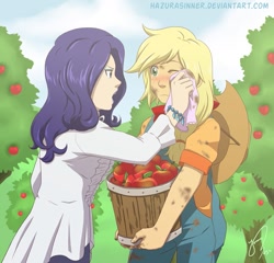 Size: 913x878 | Tagged: safe, artist:hazurasinner, imported from derpibooru, applejack, rarity, human, apple, blushing, bucket, cleaning, cloth, cottagecore, cute, dirty, female, food, humanized, lesbian, orchard, overalls, rarijack, shipping, tree, wiping, working