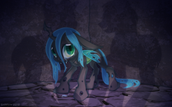 Size: 2400x1500 | Tagged: safe, artist:sharky, imported from derpibooru, queen chrysalis, changeling, changeling queen, nymph, abuse, bully, bullying, chrysabuse, crying, crysalis, cute, cutealis, female, filly, floppy ears, foal, imminent rape, imminent sex, origin story, sad, sadorable, shadow, solo, standing, younger