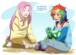 Size: 966x700 | Tagged: safe, artist:hazurasinner, imported from derpibooru, fluttershy, rainbow dash, tank, human, may the best pet win, bandage, clothes, cute, female, humanized, pet, sandals, sitting, sweater, sweatershy