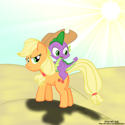 Size: 1000x1000 | Tagged: safe, artist:invidlord, imported from derpibooru, applejack, spike, dragon, earth pony, pony, accessory swap, applejack is not amused, applespike, butt, desert, dragons riding ponies, female, male, mare, plot, riding, shipping, spike riding applejack, straight, unamused