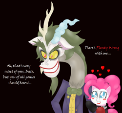 Size: 1700x1577 | Tagged: safe, artist:blackbewhite2k7, imported from derpibooru, discord, pinkie pie, draconequus, earth pony, pony, arkham city, batman, clothes, cosplay, costume, crossover, dc comics, discopie, discord using contractions, female, harley quinn, jokercord, male, mare, parody, pinkie quinn, shipping, straight, the joker