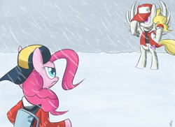 Size: 1100x800 | Tagged: safe, artist:paradigmpizza, imported from derpibooru, pinkie pie, surprise, semi-anthro, crossover, duo, female, g1, g1 to g4, generation leap, nintendo, pokémon, snow, trainer gold, trainer red