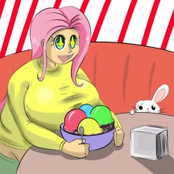 Size: 1600x1600 | Tagged: safe, artist:metalforever, imported from derpibooru, angel bunny, fluttershy, human, big breasts, breasts, busty fluttershy, clothes, eyes on the prize, fat, fattershy, female, huge breasts, humanized, ice cream, spoon, sweatershy