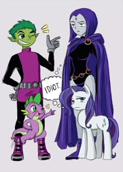 Size: 650x907 | Tagged: safe, artist:keterok, imported from derpibooru, rarity, spike, dragon, pony, unicorn, beast boy, crossover, eyeroll, female, male, mare, one eye closed, raven (dc comics), raven (teen titans), teen titans, wink