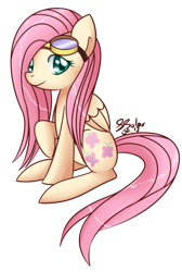 Size: 882x1310 | Tagged: safe, artist:solar-slash, imported from derpibooru, fluttershy, pegasus, pony, female, goggles, mare, raised hoof, simple background, sitting, smiling, solo, transparent background, wet mane