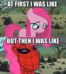 Size: 514x577 | Tagged: artist needed, safe, edit, edited screencap, imported from derpibooru, screencap, pinkie pie, earth pony, pony, sonic rainboom (episode), the cutie mark chronicles, 60s spider-man, comic, female, filly, image macro, meme, pinkamena diane pie, spider-man, younger