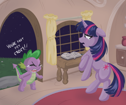 Size: 1024x853 | Tagged: safe, artist:bamboodog, imported from derpibooru, spike, twilight sparkle, dragon, pony, unicorn, crying, feels, female, fight, floppy ears, harsher in hindsight, hilarious in hindsight, male, mama twilight, mare, night, rearing, sad, truth