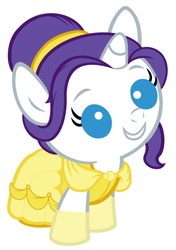 Size: 1800x2560 | Tagged: safe, artist:beavernator, imported from derpibooru, rarity, pony, unicorn, babity, baby, baby pony, beauty and the beast, belle, clothes, cosplay, disney princess, dress, female, filly, foal, simple background, solo, white background