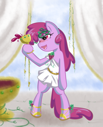 Size: 867x1066 | Tagged: safe, artist:bamboodog, imported from derpibooru, berry punch, berryshine, earth pony, pony, alcohol, bacchus, bipedal, classical, clothes, dionysus, drunk, female, grapes, greek, greek clothes, greek mythology, hoof hold, laurel wreath, mare, roman, sandals, shoes, solo, toga, tunic, vine, wine