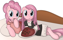 Size: 975x623 | Tagged: safe, artist:tg-0, imported from derpibooru, pinkie pie, earth pony, pony, bed, duality, female, looking at you, mare, on side, pinkamena diane pie, self ponidox, side, smiling