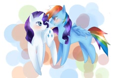 Size: 900x565 | Tagged: safe, artist:ao-no-comatose, imported from derpibooru, rainbow dash, rarity, pegasus, pony, unicorn, abstract background, blushing, eye contact, female, lesbian, looking at each other, mare, raridash, shipping