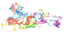 Size: 3257x1704 | Tagged: safe, artist:digsie, artist:newdigs13, imported from derpibooru, applejack, rainbow dash, rarity, earth pony, pegasus, pony, unicorn, appledash, female, lesbian, mare, raridash, rarijack, rarijackdash, shipping, sleeping, traditional art, yawn