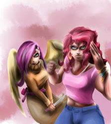 Size: 1068x1200 | Tagged: safe, artist:sundown, imported from derpibooru, fluttershy, pinkie pie, human, abstract background, badass, belly button, clothes, dress, duo, female, flutterbadass, humanized, knife, looking at you, martial arts, midriff, shy pony and pink mom, sweatershy, weapon, winged humanization, wings