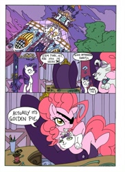 Size: 1000x1377 | Tagged: safe, artist:mohawkrex, artist:whysoseriouss, imported from derpibooru, opalescence, pinkie pie, rarity, earth pony, pony, unicorn, comic:a piece of pie, carousel boutique, colored, comic, eyepatch, female, golden pie, goldeneye, mare, pun, punny name, sitting