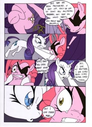 Size: 1000x1377 | Tagged: safe, artist:mohawkrex, artist:whysoseriouss, imported from derpibooru, pinkie pie, rarity, earth pony, pony, unicorn, comic:a piece of pie, comic, duo, eyepatch, female, golden pie, goldeneye, mare