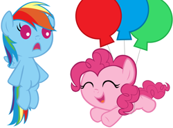 Size: 5000x3680 | Tagged: safe, artist:beavernator, imported from derpibooru, pinkie pie, rainbow dash, earth pony, pegasus, pony, ^^, baby, baby dash, baby pie, baby pony, balloon, cute, dashabetes, diapinkes, duo, eyes closed, female, filly, flying, foal, simple background, then watch her balloons lift her up to the sky, white background