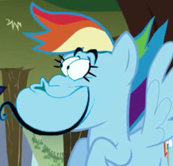 Size: 314x301 | Tagged: safe, edit, edited screencap, imported from derpibooru, screencap, rainbow dash, genie, pegasus, pony, aladdin, crossover, face swap, genie (aladdin), male, solo, wat, weird