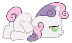 Size: 2000x1200 | Tagged: safe, artist:beavernator, imported from derpibooru, sweetie belle, pony, unicorn, season 2, sisterhooves social, baby, baby belle, baby pony, face down ass up, female, filly, foal, frown, scootie belle, simple background, solo, sweetie belle is not amused, unamused, white background, younger