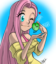 Size: 722x835 | Tagged: safe, artist:aeolus06, imported from derpibooru, fluttershy, human, parasprite, bare shoulders, female, gradient background, heart, humanized, nuzzling, one eye closed